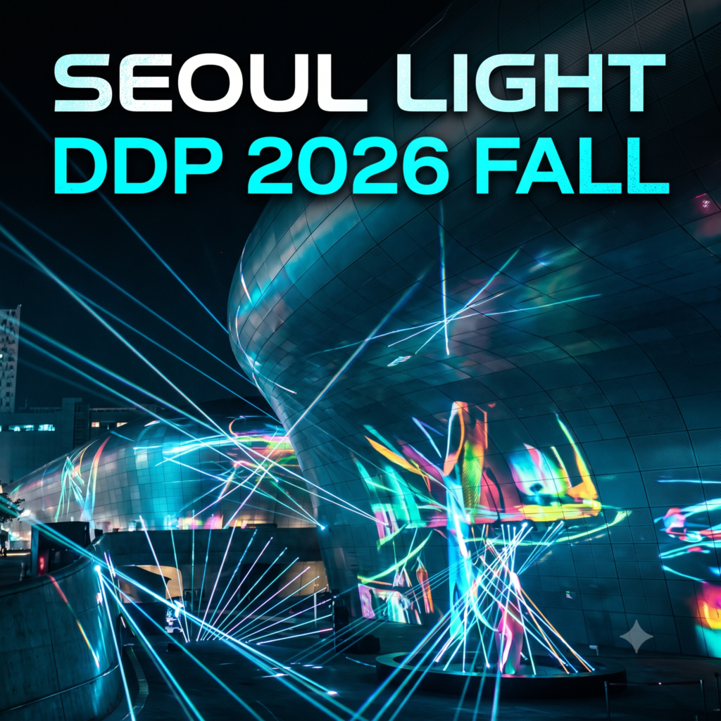 A square promotional thumbnail graphic for Seoul Light DDP 2026 Fall, featuring glowing colorful media facade light projections and laser beams on Dongdaemun Design Plaza architecture with bold text "SEOUL LIGHT DDP 2026 FALL".
