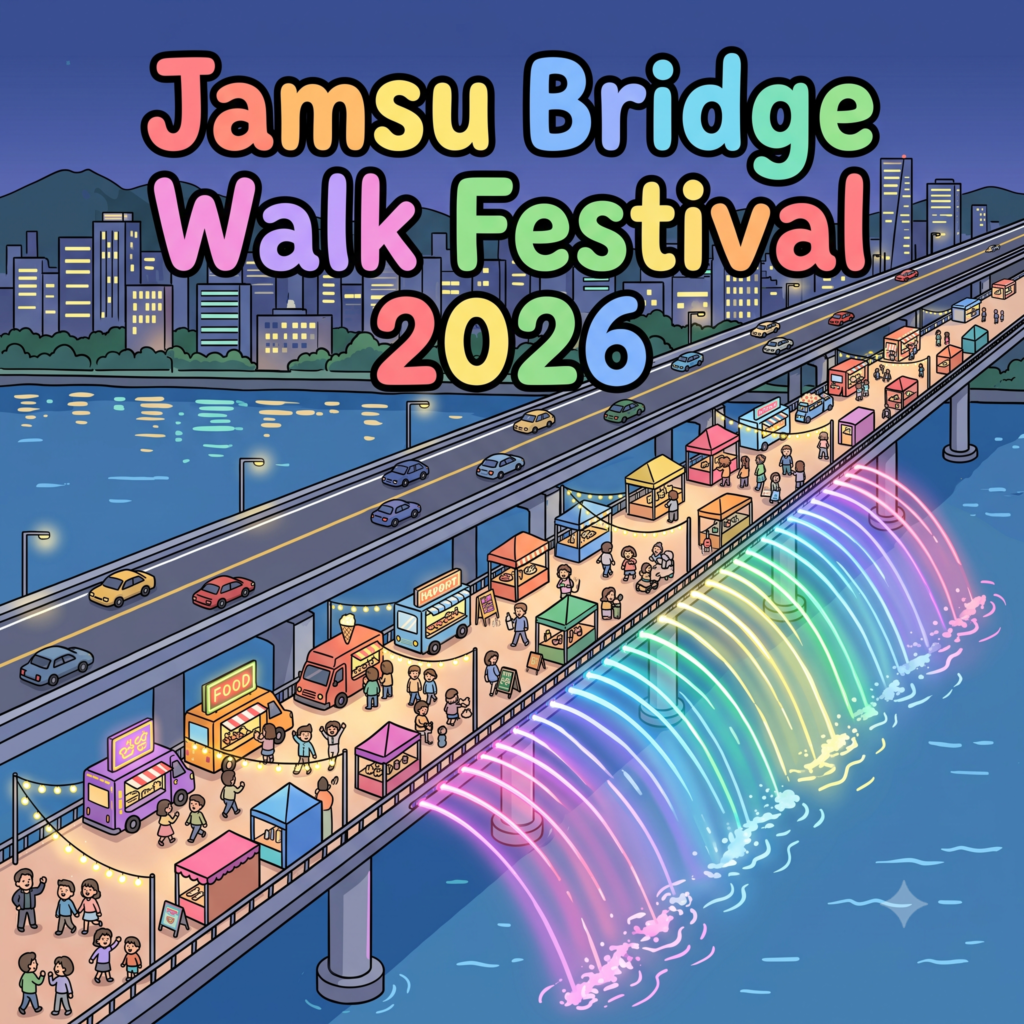 A colorful vector-style thumbnail illustration of the 2026 Car-Free Jamsu Bridge Walk Festival at night over the Han River, showing Banpo Bridge with rainbow fountain lights and festival food trucks, booths, and pedestrians lining the bridge.