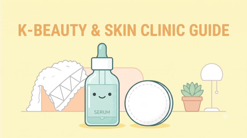 A cute skincare bottle and cotton pad with text reading K-Beauty and Skin Clinic Guide