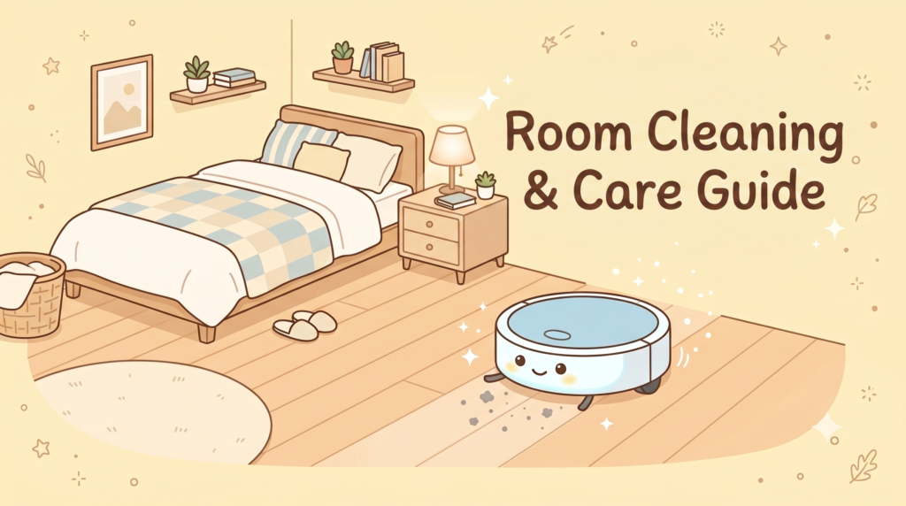 A cute robot vacuum cleaning a cozy bedroom with text reading Room Cleaning and Care Guide