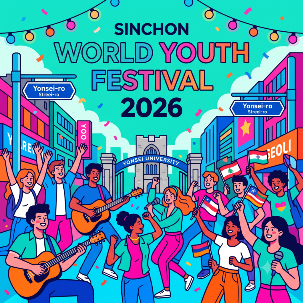 A square promotional thumbnail graphic for Sinchon World Youth Festival 2026 (SWYFT), featuring a energetic street vibe illustration with university students and text "SINCHON WORLD YOUTH FESTIVAL 2026