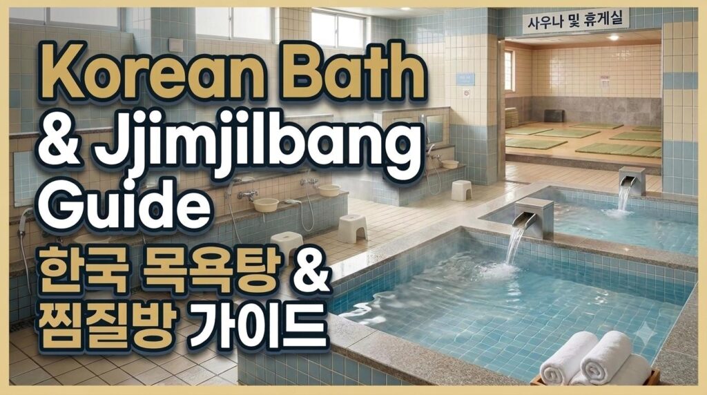 Korean Bath & Jjimjilbang Guide Thumbnail - Clean modern bathhouse interior with steaming hot tub, English title, and small Korean subtitle