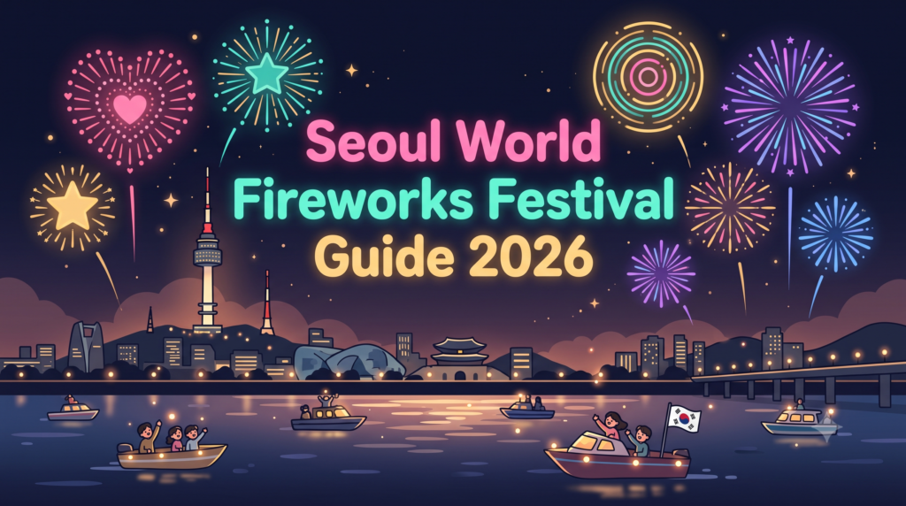 A cute 2D illustration of colorful fireworks over the Han River night sky with text reading Seoul World Fireworks Festival Guide 2026