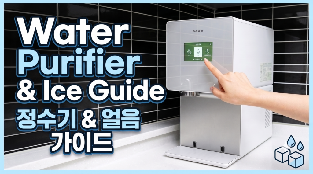 Water Purifier & Ice Guide Thumbnail - White Samsung Bespoke ice water purifier on a kitchen countertop with English title and small Korean subtitle